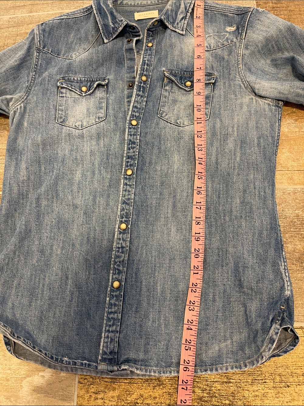 All Saints Light Blue Denim Snap Button Long Sleeve Collared Shirt Mens Small S - Picture 9 of 9